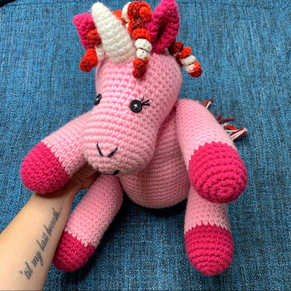 Hand Crochet Unicorn Amigurumi Toy Unicorn Plush in Pink Red 13" Tall Handmade